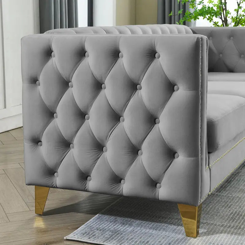Divano a 3 posti grigio in velluto trapuntato da 80,5 pollici con borchie decorative