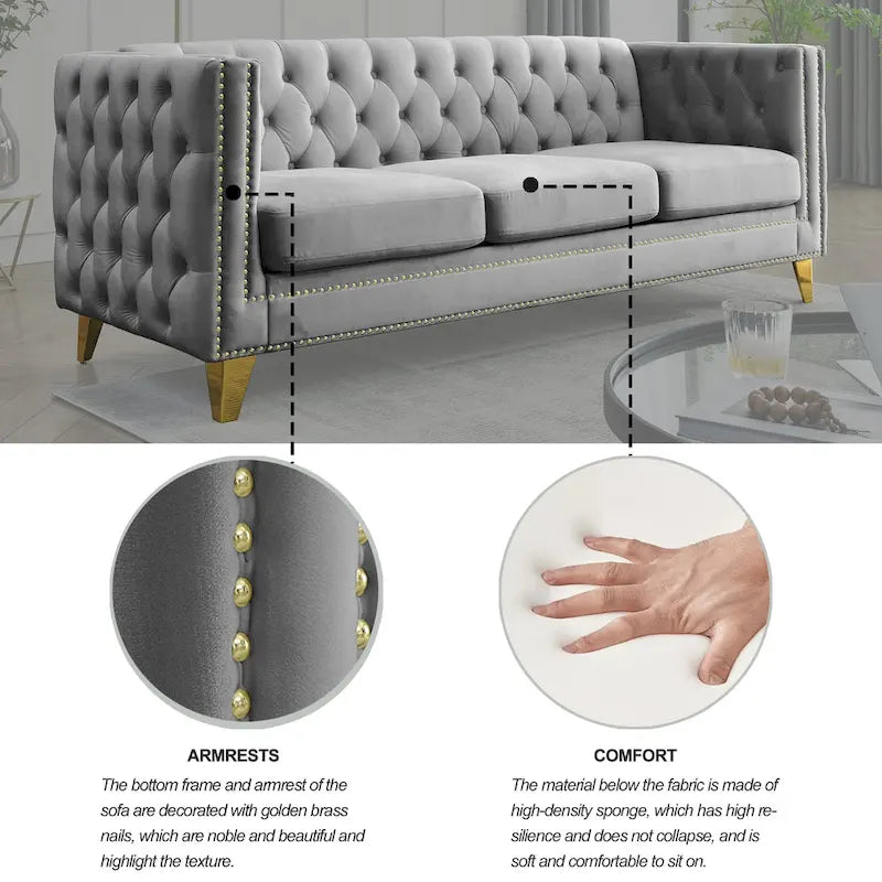 Divano a 3 posti grigio in velluto trapuntato da 80,5 pollici con borchie decorative