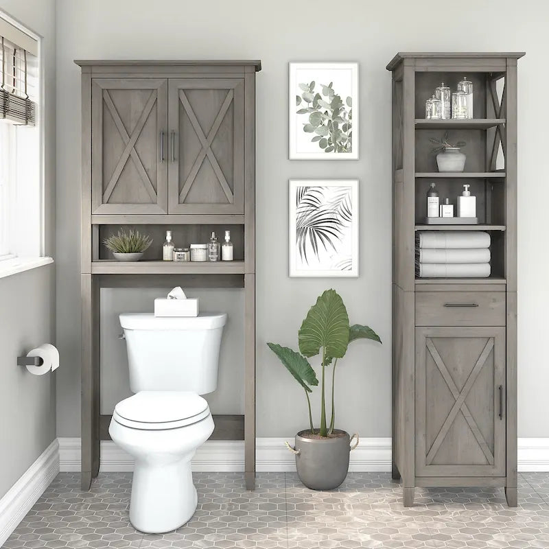 Mobiletto portaoggetti alto sopra il WC, frassino bianco/grigio legno spiaggiato, montaggio per 1 persona