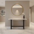 Haus Sofa Console Table, Marble Top, Panel legs, 52 Inch Brown Wood