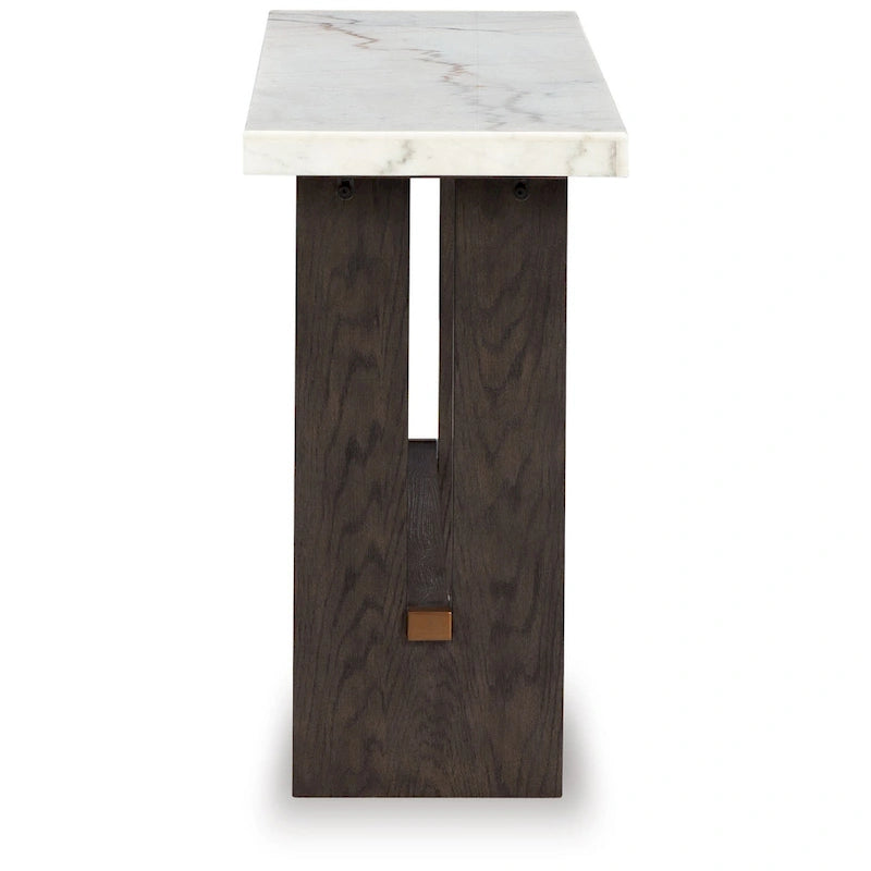 Consolle con piano in marmo bianco e marrone scuro, gambe a pannello, 52"