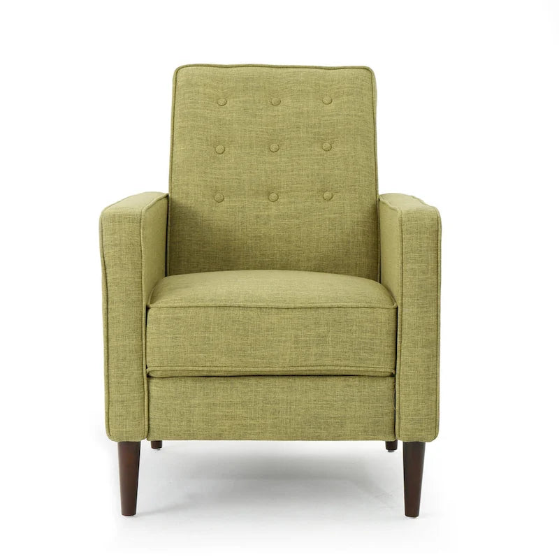 Poltrona reclinabile Mid-Century con poggiapiedi, rivestimento in tessuto verde, schienale capitonné, gambe in legno di faggio