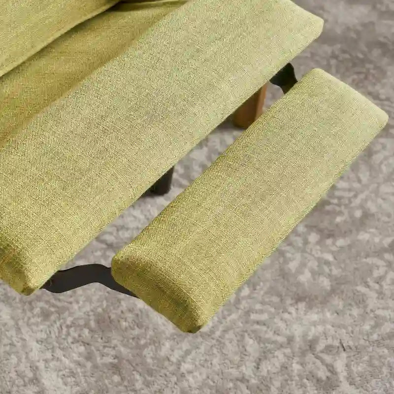 Poltrona reclinabile Mid-Century con poggiapiedi, rivestimento in tessuto verde, schienale capitonné, gambe in legno di faggio