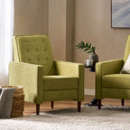 Poltrona reclinabile Mid-Century con poggiapiedi, rivestimento in tessuto verde, schienale capitonné, gambe in legno di faggio