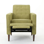 Poltrona reclinabile Mid-Century con poggiapiedi, rivestimento in tessuto verde, schienale capitonné, gambe in legno di faggio