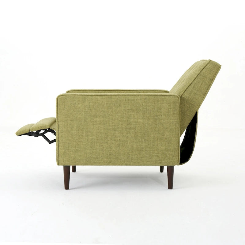 Poltrona reclinabile Mid-Century con poggiapiedi, rivestimento in tessuto verde, schienale capitonné, gambe in legno di faggio