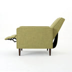 Poltrona reclinabile Mid-Century con poggiapiedi, rivestimento in tessuto verde, schienale capitonné, gambe in legno di faggio