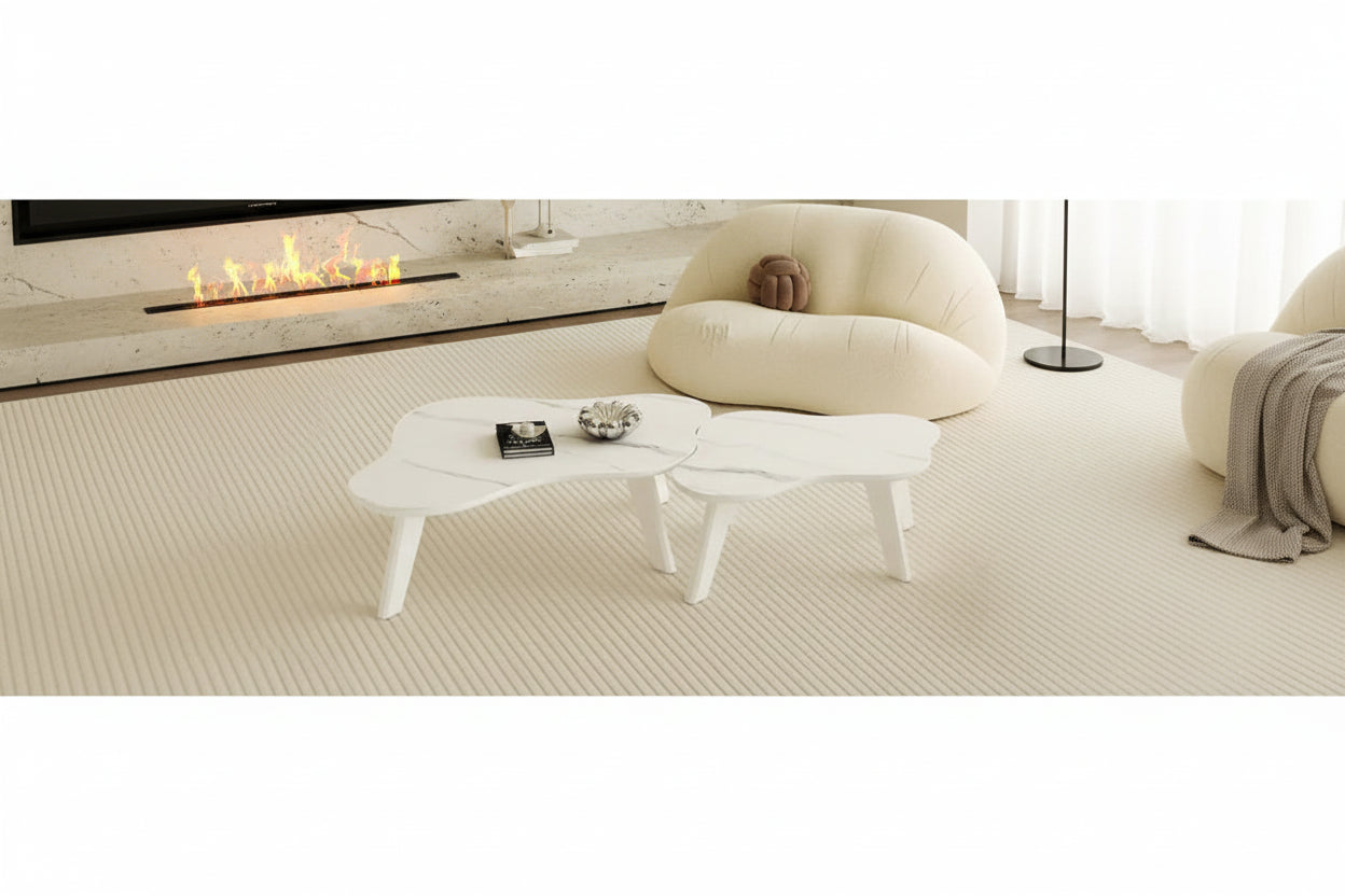 Modern 2-Piece Cloud Shaped Coffee Table Set with Solid Wood Legs and MDF Panel for Living Room