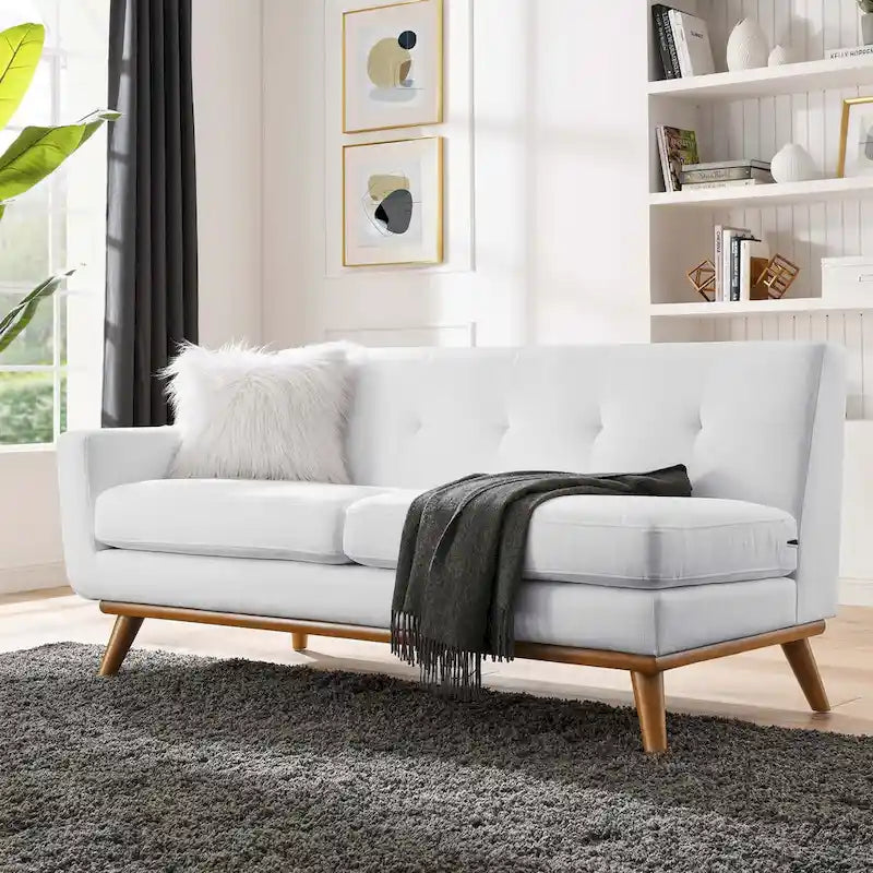 Divanetto a due posti con bracciolo sinistro in tessuto grigio/bianco in stile Mid-Century Modern