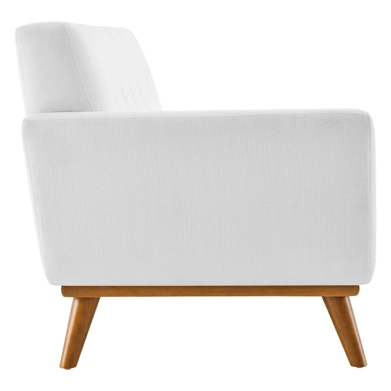 Divanetto a due posti con bracciolo sinistro in tessuto grigio/bianco in stile Mid-Century Modern