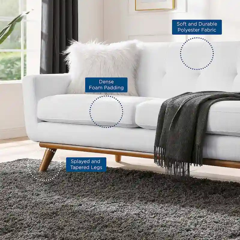 Divanetto a due posti con bracciolo sinistro in tessuto grigio/bianco in stile Mid-Century Modern