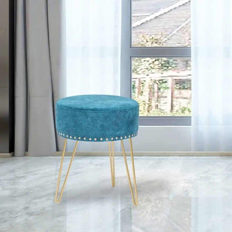 Poggiapiedi Pouf Rotondo in Velluto Sgabello da Toilette Gambe in Metallo Dorato