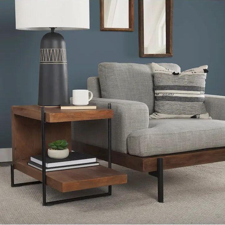 Maddox Medium Brown Solid Wood w/ Black Metal Frame C-Shaped End/Side Table