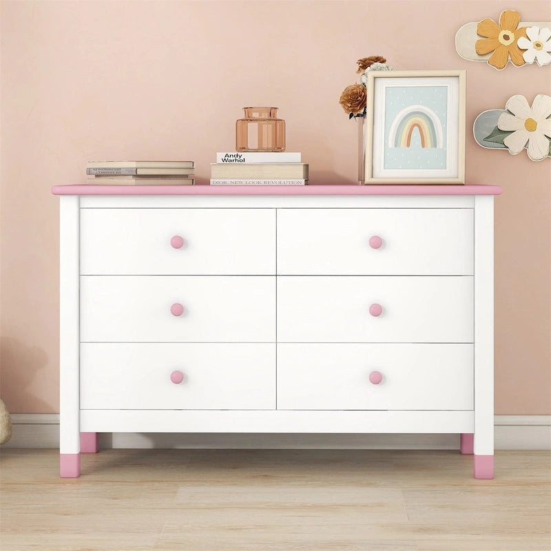 Comò a 6 cassetti, Crema / Bianco / Bianco+Rosa, per 1 Persona