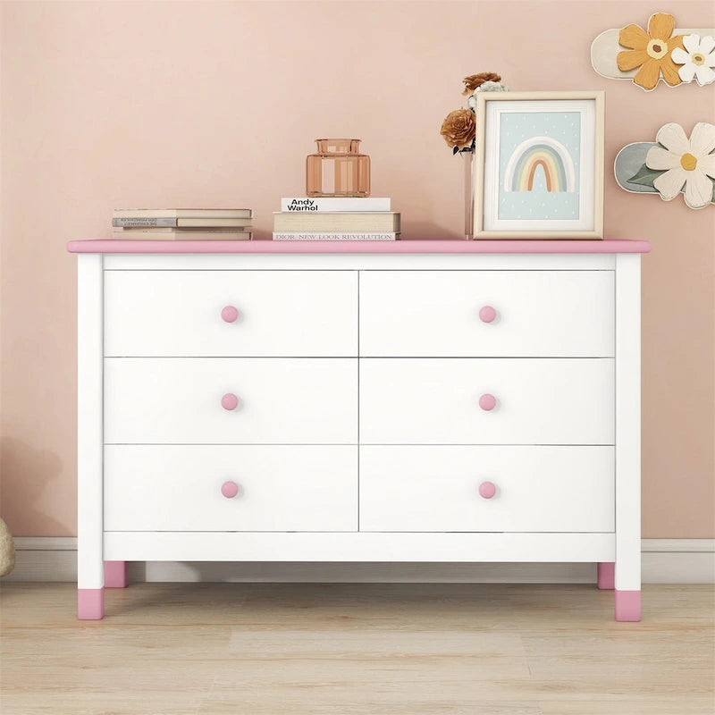 Comò a 6 cassetti, Crema / Bianco / Bianco+Rosa, per 1 Persona