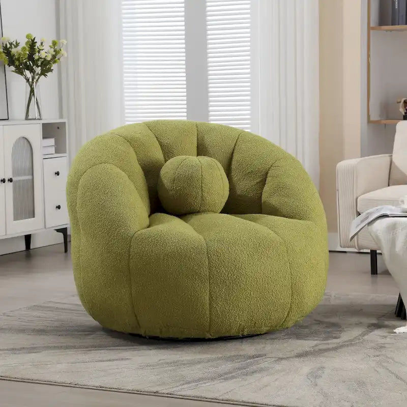 Poltrona Sacco Rotonda in Bouclé Oliva / Grigia / Nera / Beige con Cuscino – Base Fissa e Girevole – 1 Posto