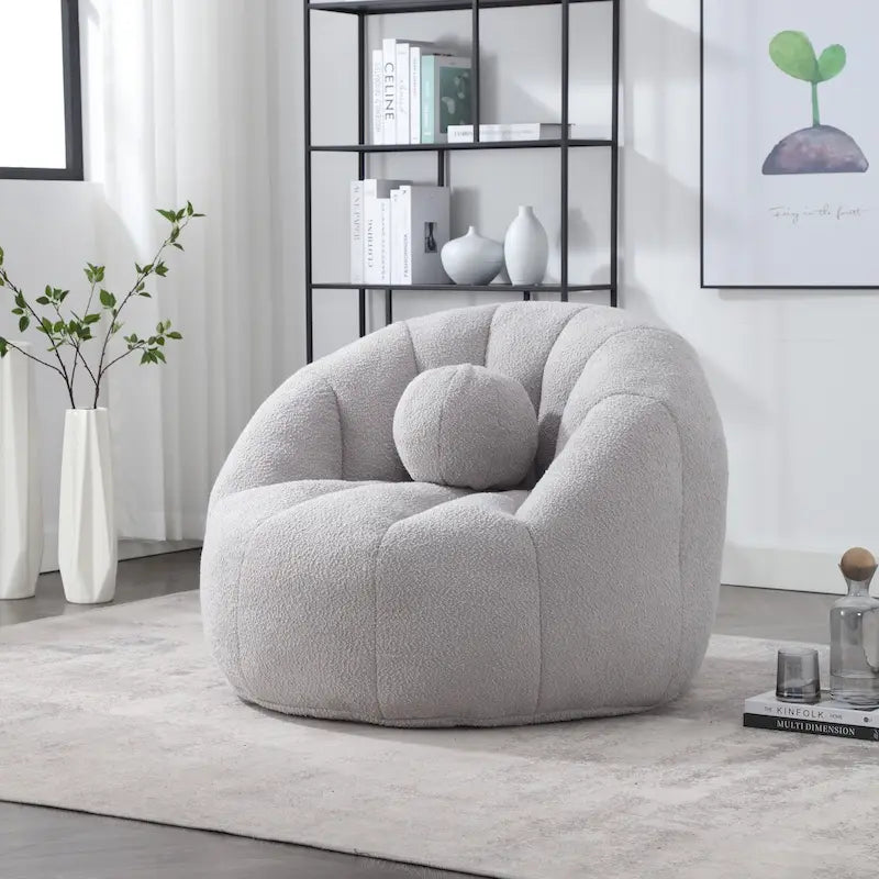 Poltrona Sacco Rotonda in Bouclé Oliva / Grigia / Nera / Beige con Cuscino – Base Fissa e Girevole – 1 Posto