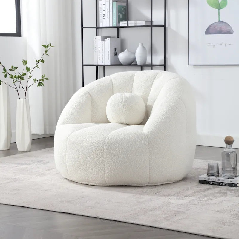 Poltrona Sacco Rotonda in Bouclé Oliva / Grigia / Nera / Beige con Cuscino – Base Fissa e Girevole – 1 Posto