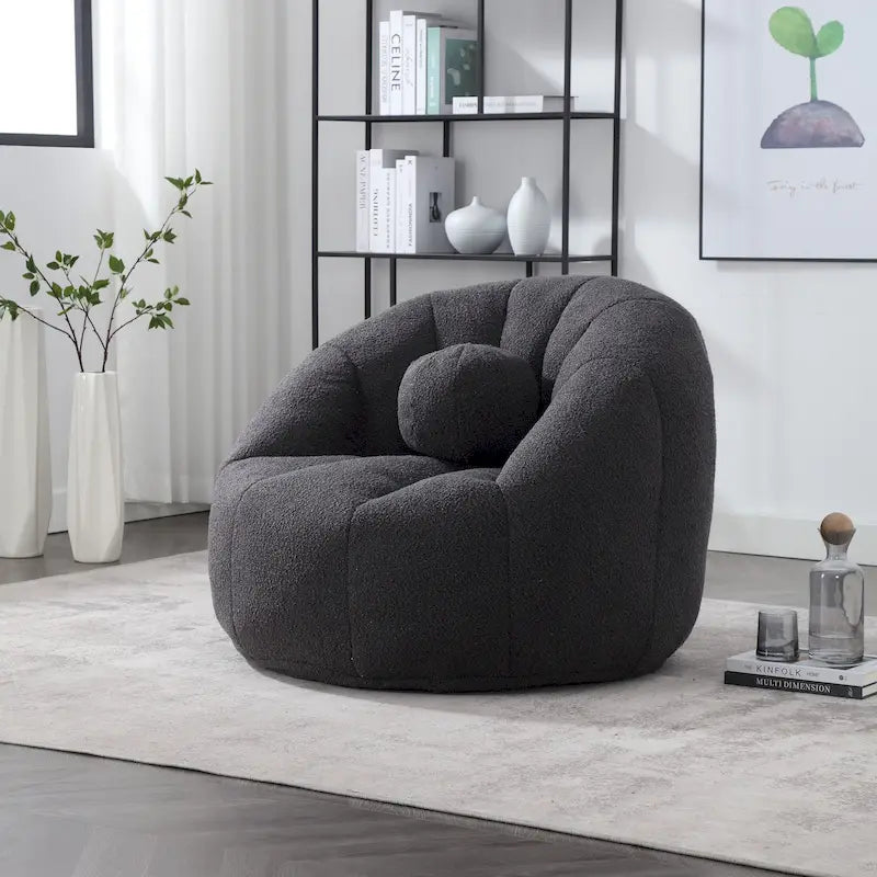 Poltrona Sacco Rotonda in Bouclé Oliva / Grigia / Nera / Beige con Cuscino – Base Fissa e Girevole – 1 Posto
