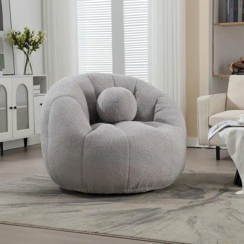 Poltrona Sacco Rotonda in Bouclé Oliva / Grigia / Nera / Beige con Cuscino – Base Fissa e Girevole – 1 Posto