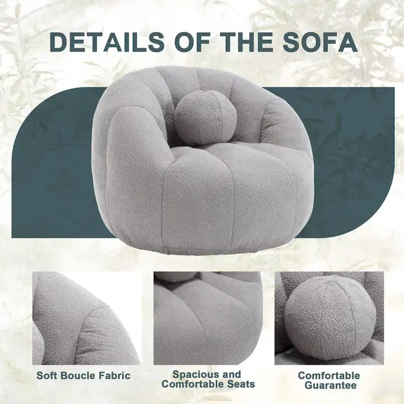 Poltrona Sacco Rotonda in Bouclé Oliva / Grigia / Nera / Beige con Cuscino – Base Fissa e Girevole – 1 Posto