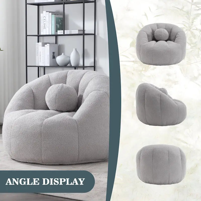 Poltrona Sacco Rotonda in Bouclé Oliva / Grigia / Nera / Beige con Cuscino – Base Fissa e Girevole – 1 Posto