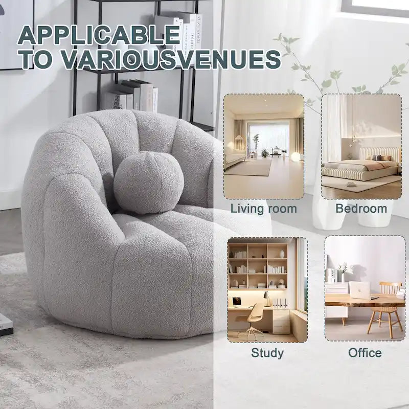 Poltrona Sacco Rotonda in Bouclé Oliva / Grigia / Nera / Beige con Cuscino – Base Fissa e Girevole – 1 Posto