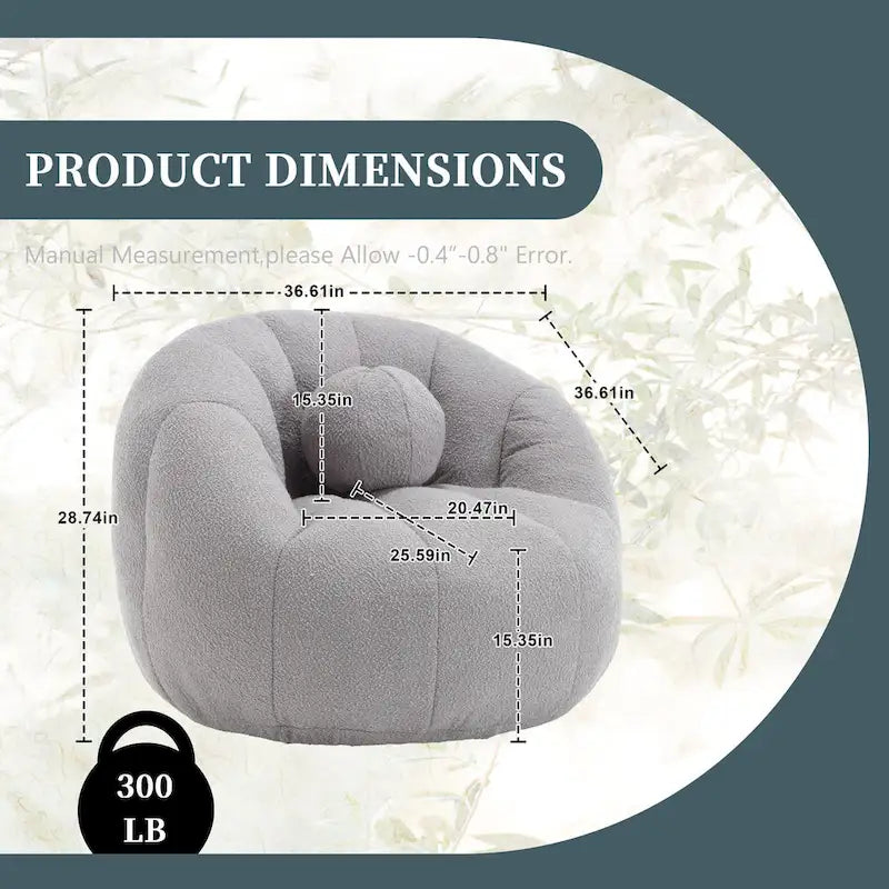 Poltrona Sacco Rotonda in Bouclé Oliva / Grigia / Nera / Beige con Cuscino – Base Fissa e Girevole – 1 Posto