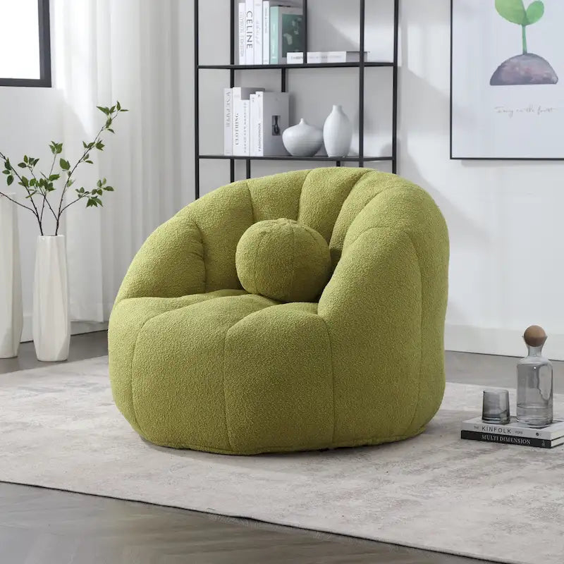 Poltrona Sacco Rotonda in Bouclé Oliva / Grigia / Nera / Beige con Cuscino – Base Fissa e Girevole – 1 Posto