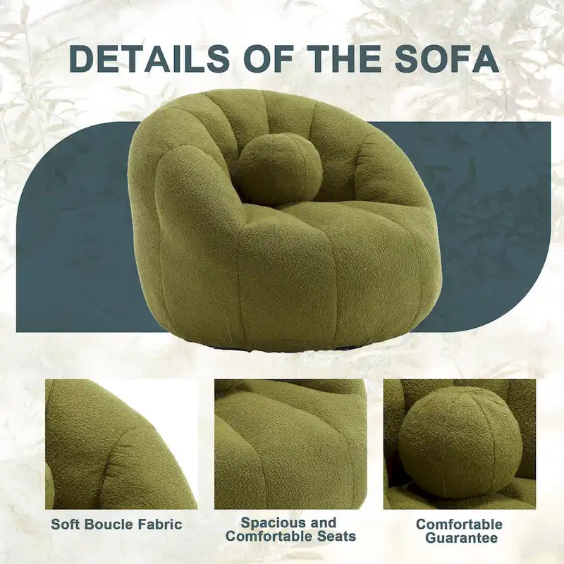 Poltrona Sacco Rotonda in Bouclé Oliva / Grigia / Nera / Beige con Cuscino – Base Fissa e Girevole – 1 Posto