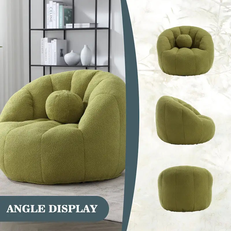Poltrona Sacco Rotonda in Bouclé Oliva / Grigia / Nera / Beige con Cuscino – Base Fissa e Girevole – 1 Posto