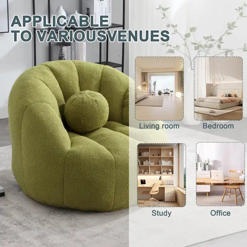 Poltrona Sacco Rotonda in Bouclé Oliva / Grigia / Nera / Beige con Cuscino – Base Fissa e Girevole – 1 Posto