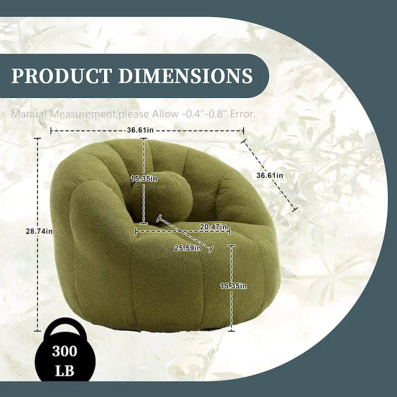 Poltrona Sacco Rotonda in Bouclé Oliva / Grigia / Nera / Beige con Cuscino – Base Fissa e Girevole – 1 Posto