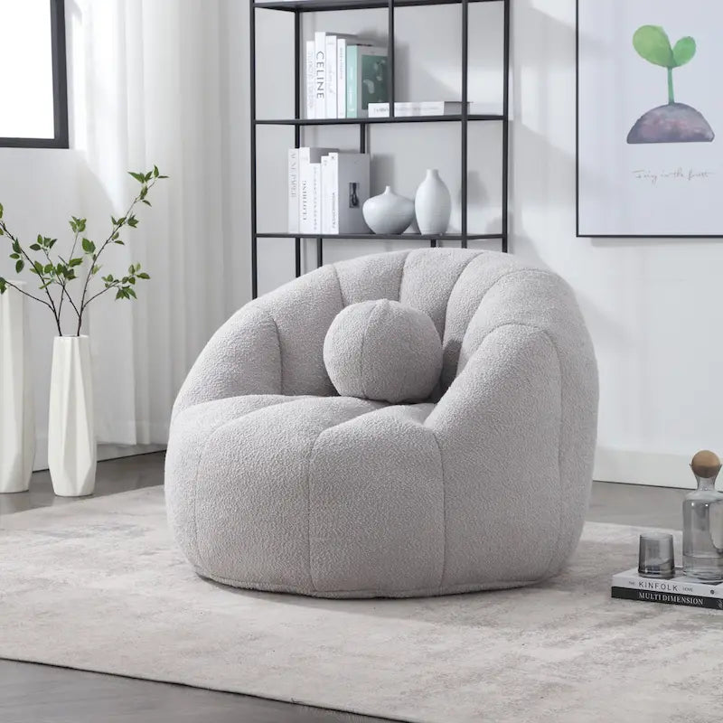 Poltrona Sacco Rotonda in Bouclé Oliva / Grigia / Nera / Beige con Cuscino – Base Fissa e Girevole – 1 Posto