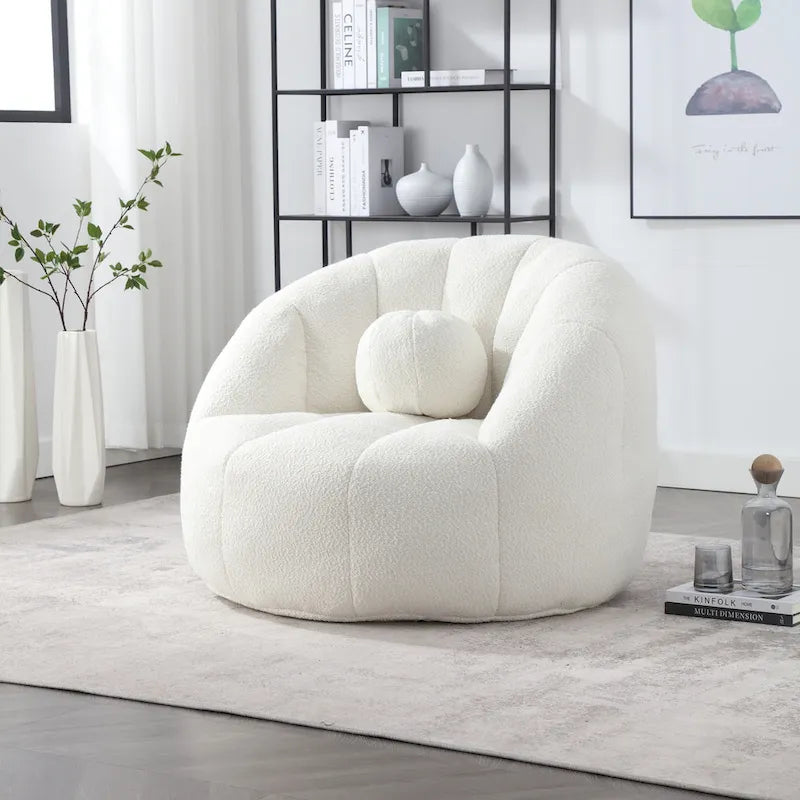 Poltrona Sacco Rotonda in Bouclé Oliva / Grigia / Nera / Beige con Cuscino – Base Fissa e Girevole – 1 Posto