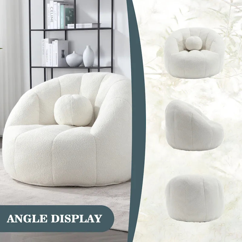Poltrona Sacco Rotonda in Bouclé Oliva / Grigia / Nera / Beige con Cuscino – Base Fissa e Girevole – 1 Posto