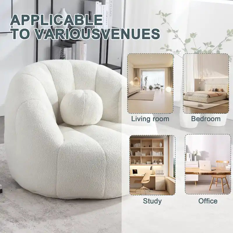 Poltrona Sacco Rotonda in Bouclé Oliva / Grigia / Nera / Beige con Cuscino – Base Fissa e Girevole – 1 Posto