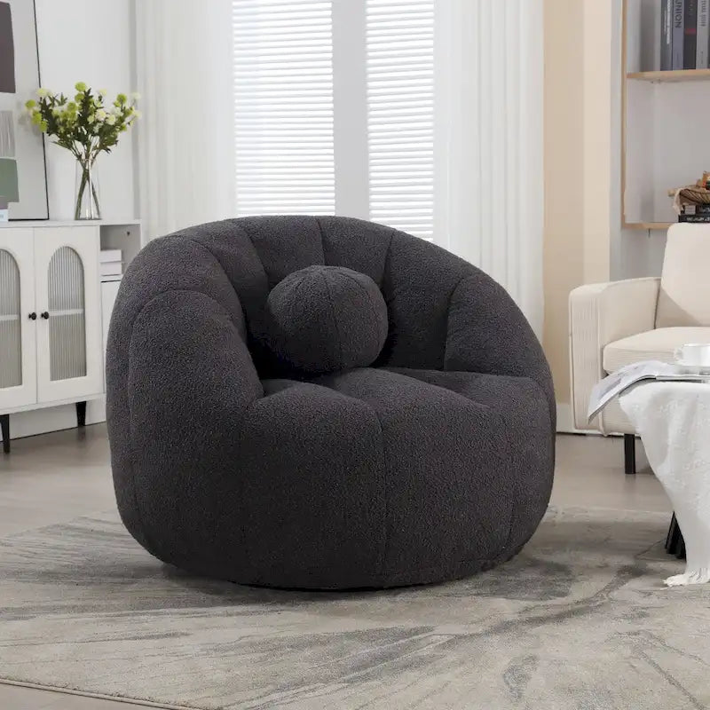 Poltrona Sacco Rotonda in Bouclé Oliva / Grigia / Nera / Beige con Cuscino – Base Fissa e Girevole – 1 Posto