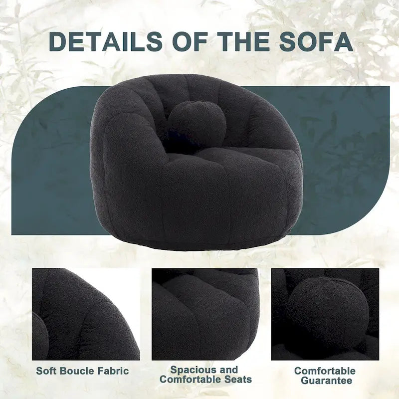 Poltrona Sacco Rotonda in Bouclé Oliva / Grigia / Nera / Beige con Cuscino – Base Fissa e Girevole – 1 Posto