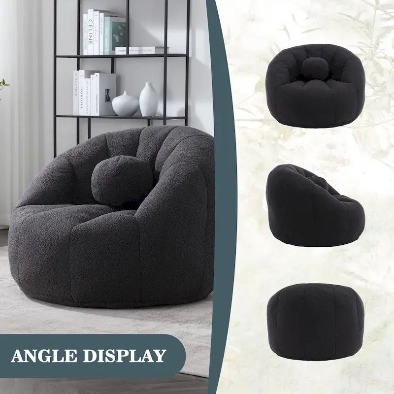 Poltrona Sacco Rotonda in Bouclé Oliva / Grigia / Nera / Beige con Cuscino – Base Fissa e Girevole – 1 Posto
