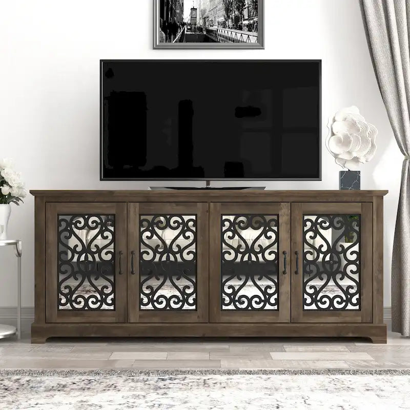 Grigio Pietra / Rovere Nodato, Mobile TV a 4 Ante, Adatto fino a 75 pollici