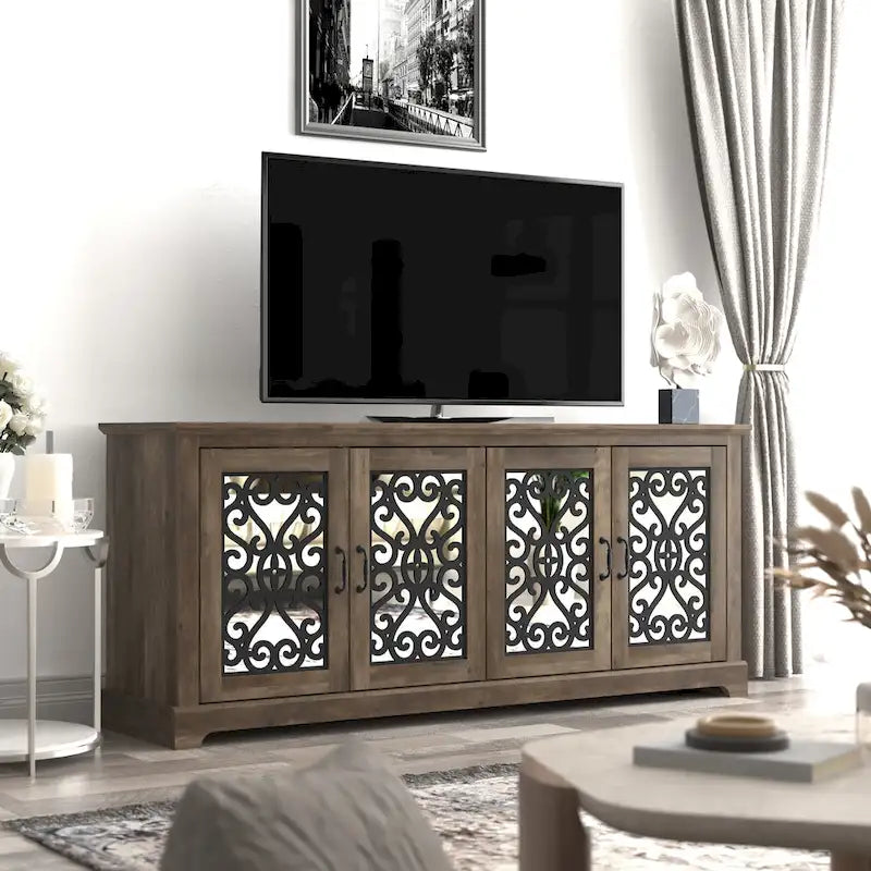 Grigio Pietra / Rovere Nodato, Mobile TV a 4 Ante, Adatto fino a 75 pollici