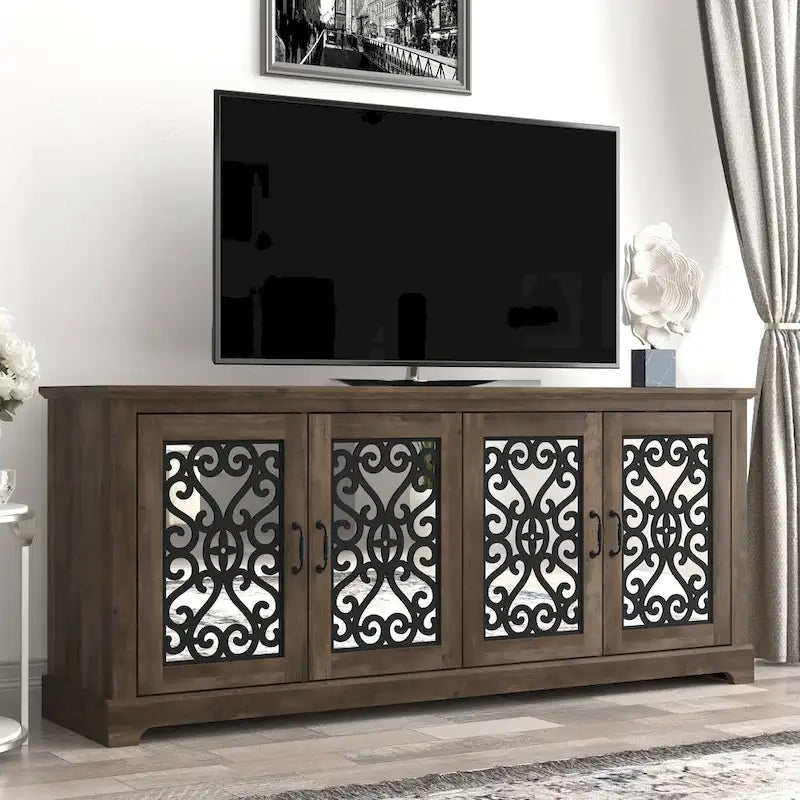 Grigio Pietra / Rovere Nodato, Mobile TV a 4 Ante, Adatto fino a 75 pollici