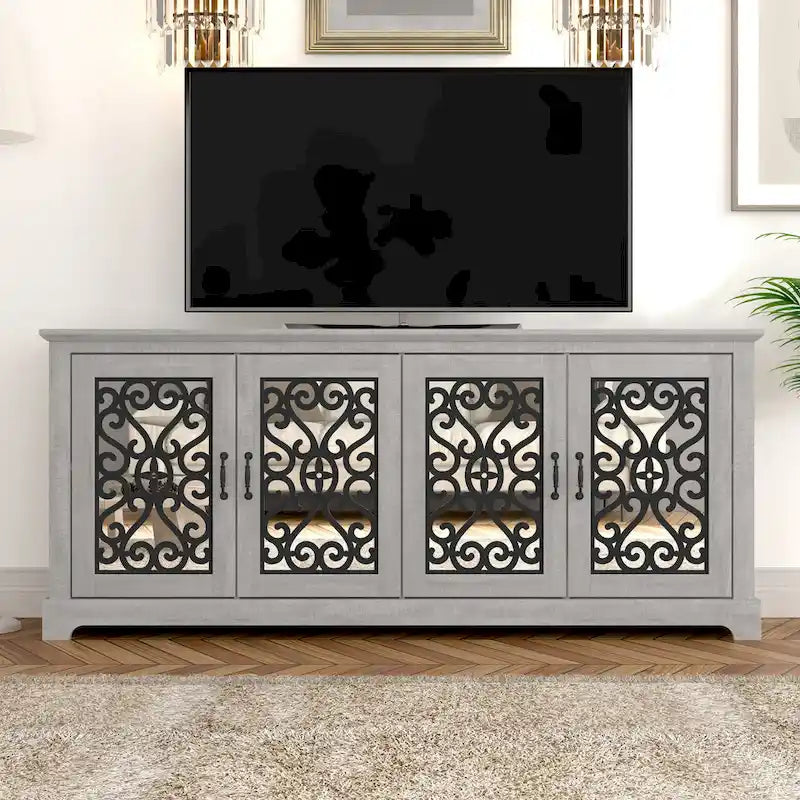 Grigio Pietra / Rovere Nodato, Mobile TV a 4 Ante, Adatto fino a 75 pollici