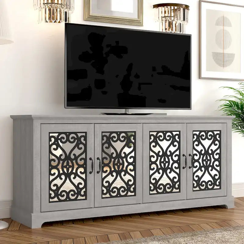 Grigio Pietra / Rovere Nodato, Mobile TV a 4 Ante, Adatto fino a 75 pollici