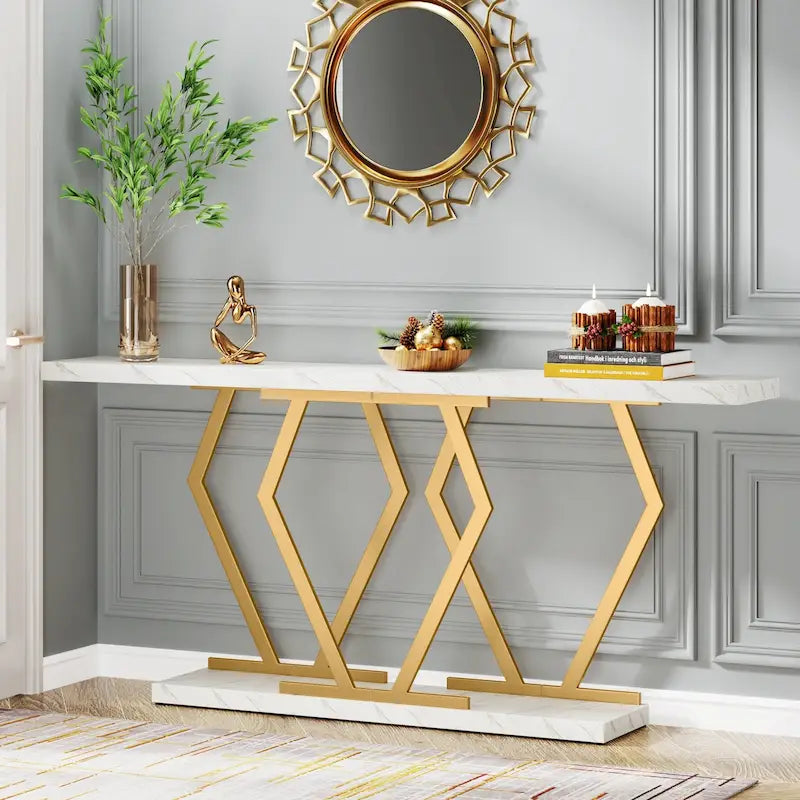 Consolle moderna con ripiano effetto marmo e struttura dorata, 180 cm, 1 pezzo