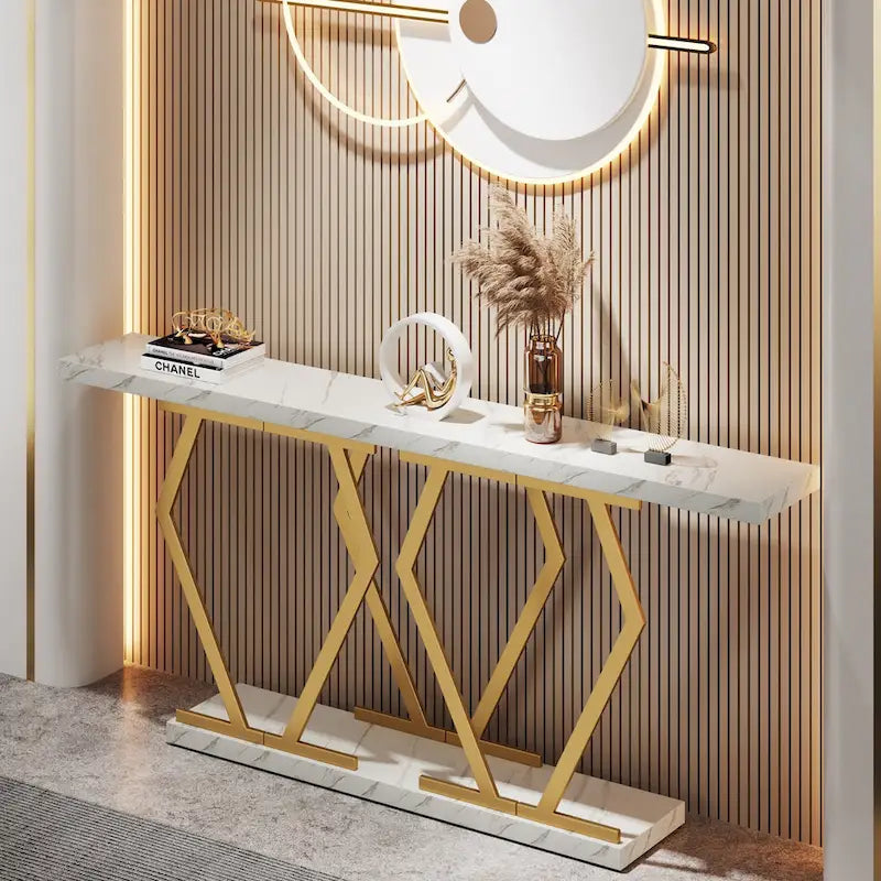 Consolle moderna con ripiano effetto marmo e struttura dorata, 180 cm, 1 pezzo