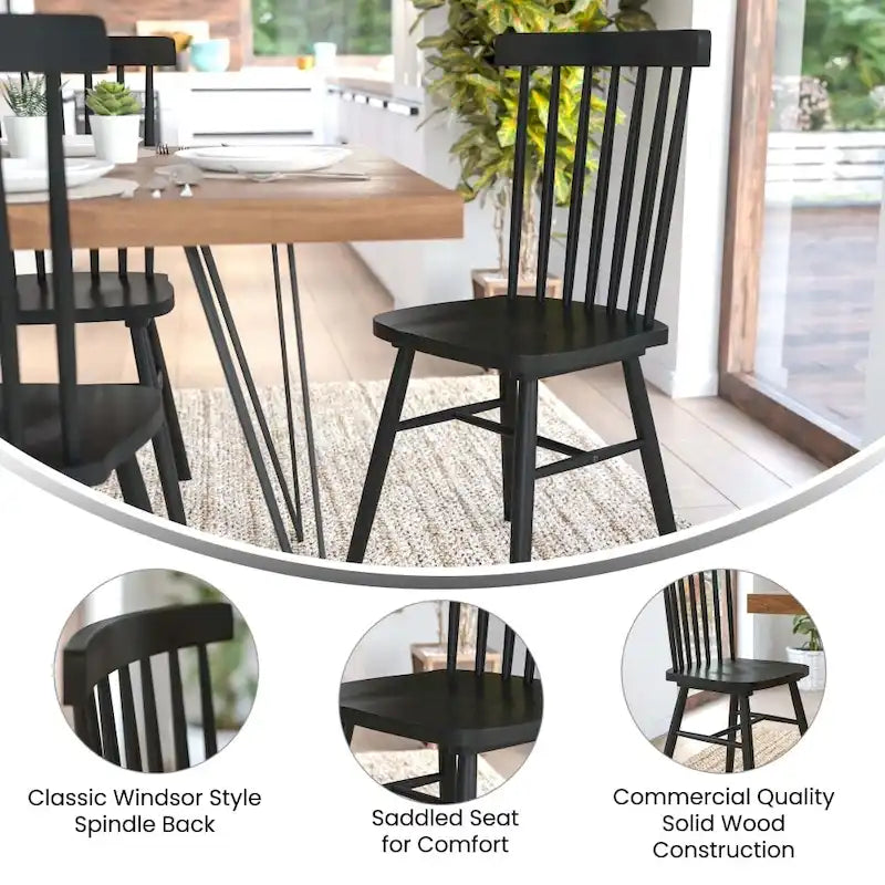 Sedie da pranzo commerciali Windsor Style in legno massello con schienale a fusi – Set da 2