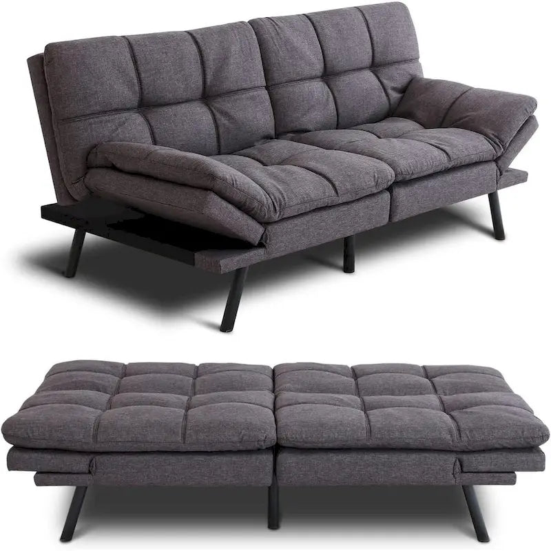 Divano Letto Futon Convertibile Grigio / Marrone / Nero con Braccioli Regolabili, 2 Posti