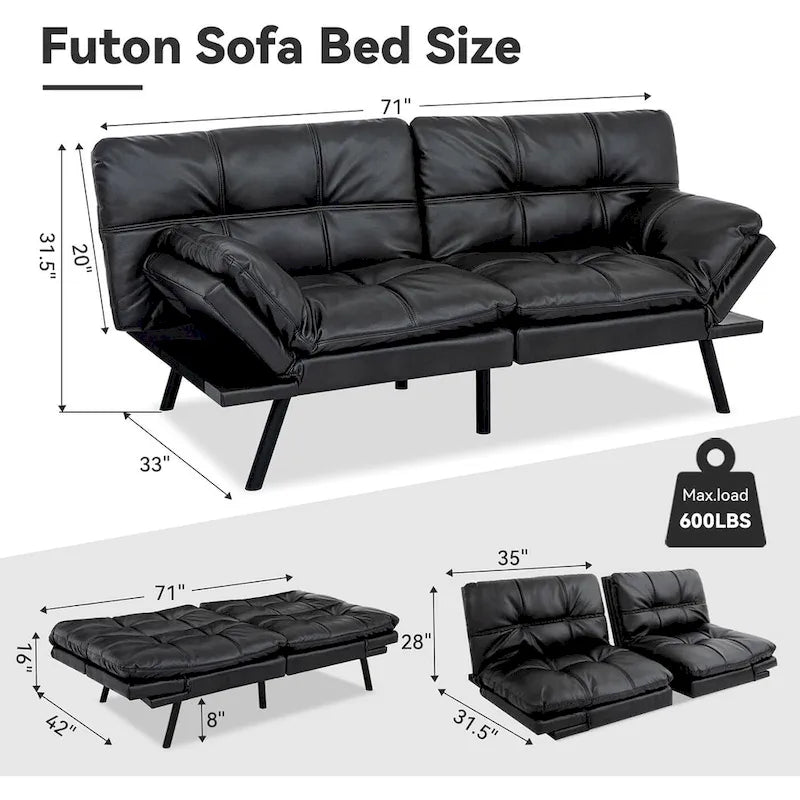 Divano Letto Futon Convertibile Grigio / Marrone / Nero con Braccioli Regolabili, 2 Posti